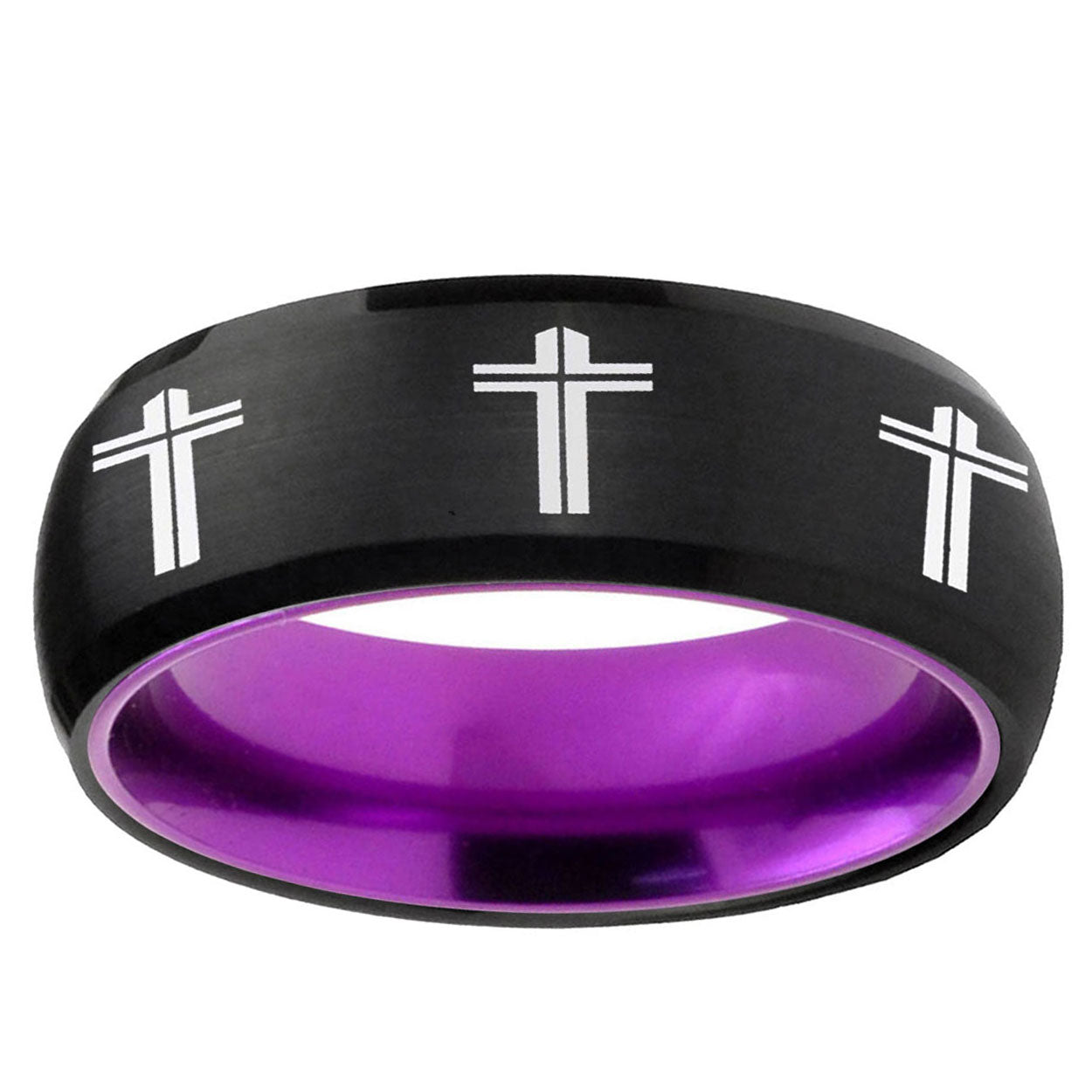 Multiple Christian Cross Dome Black Purple Tungsten Ring