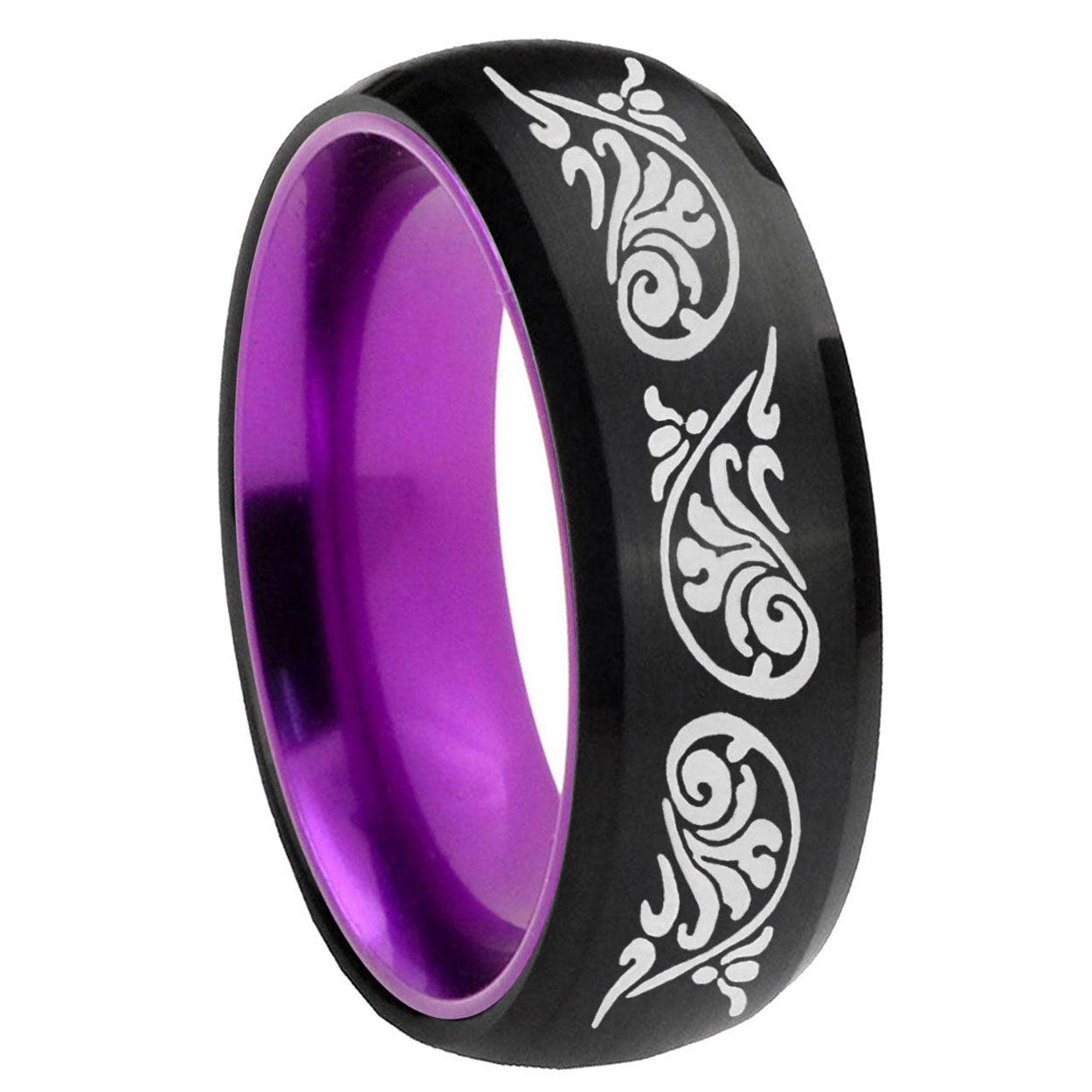 8mm Etched Tribal Pattern Dome Black Purple Tungsten Ring