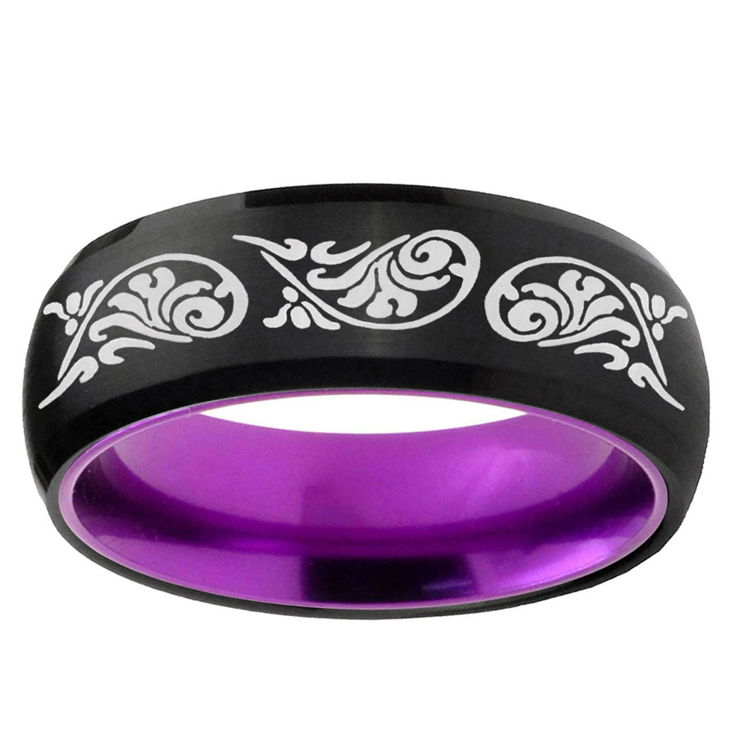 Etched Tribal Pattern Dome Black Purple Tungsten Ring