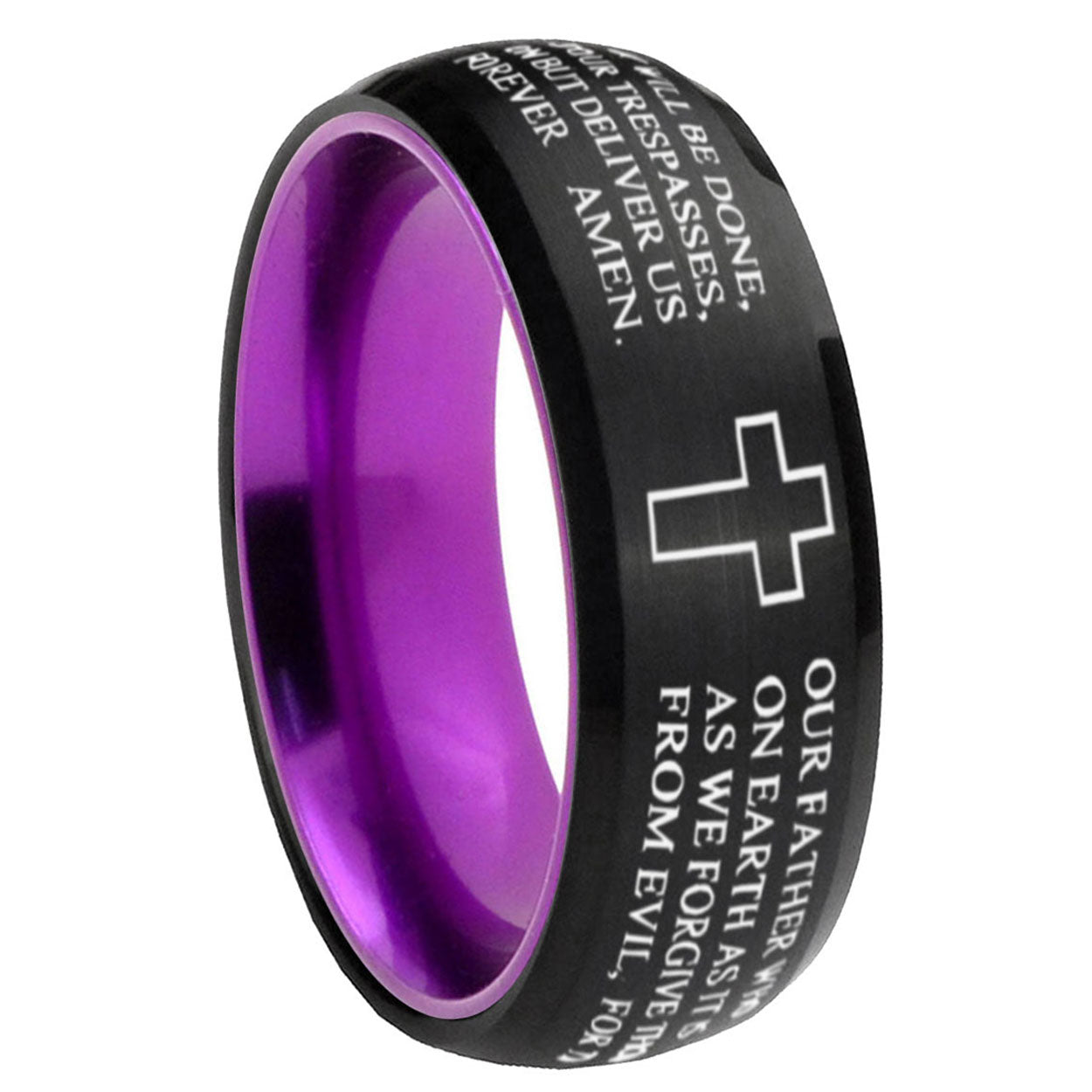 8mm Etched Lord's Prayer Cross Dome Black Purple Tungsten Ring