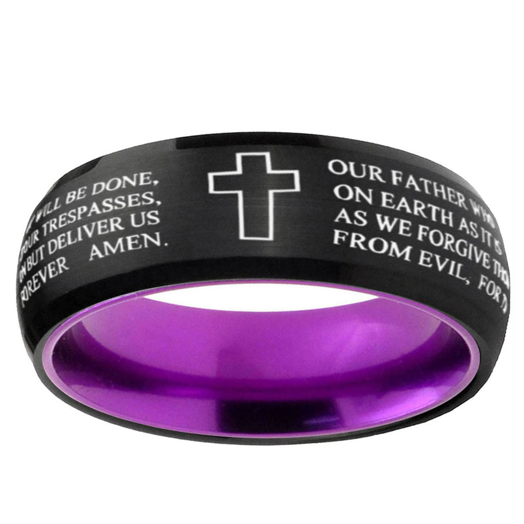 Etched Lord's Prayer Cross Dome Black Purple Tungsten Ring