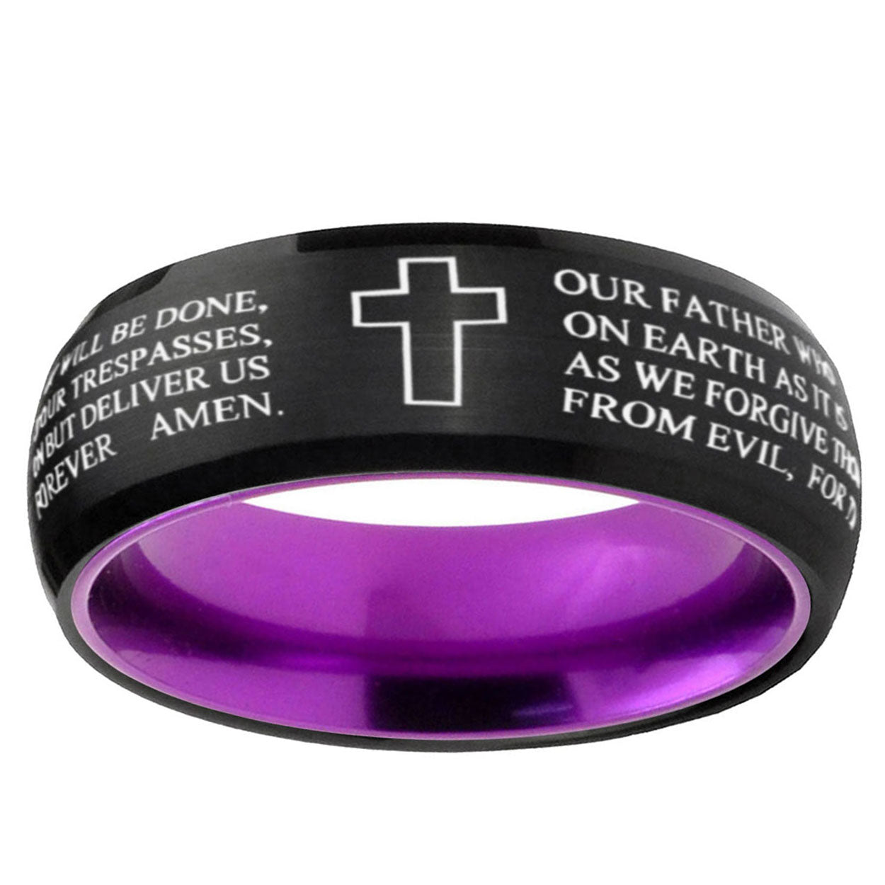 Etched Lord's Prayer Cross Dome Black Purple Tungsten Ring