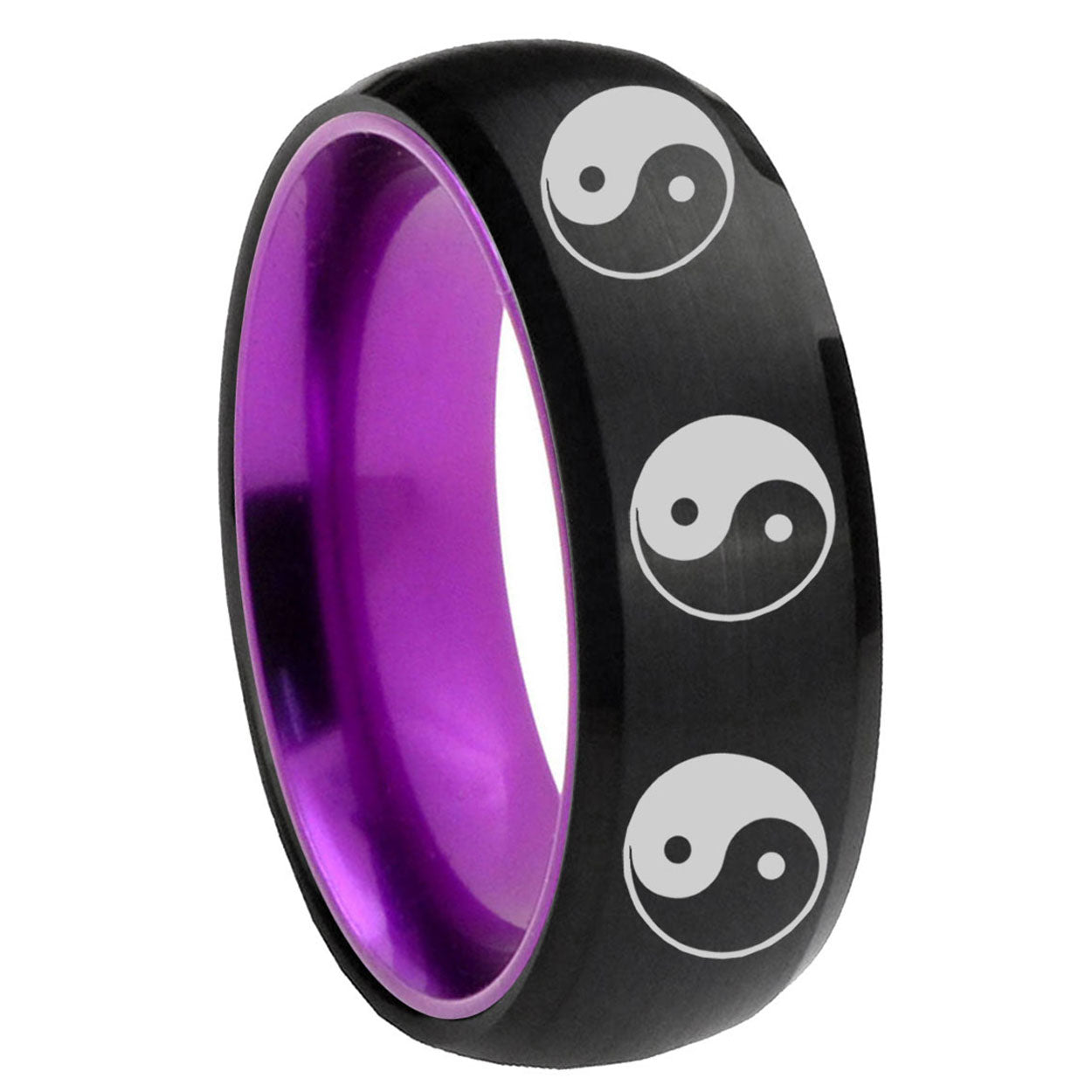 8mm Multiple Yin Yang Dome Black Purple Tungsten Promise Ring