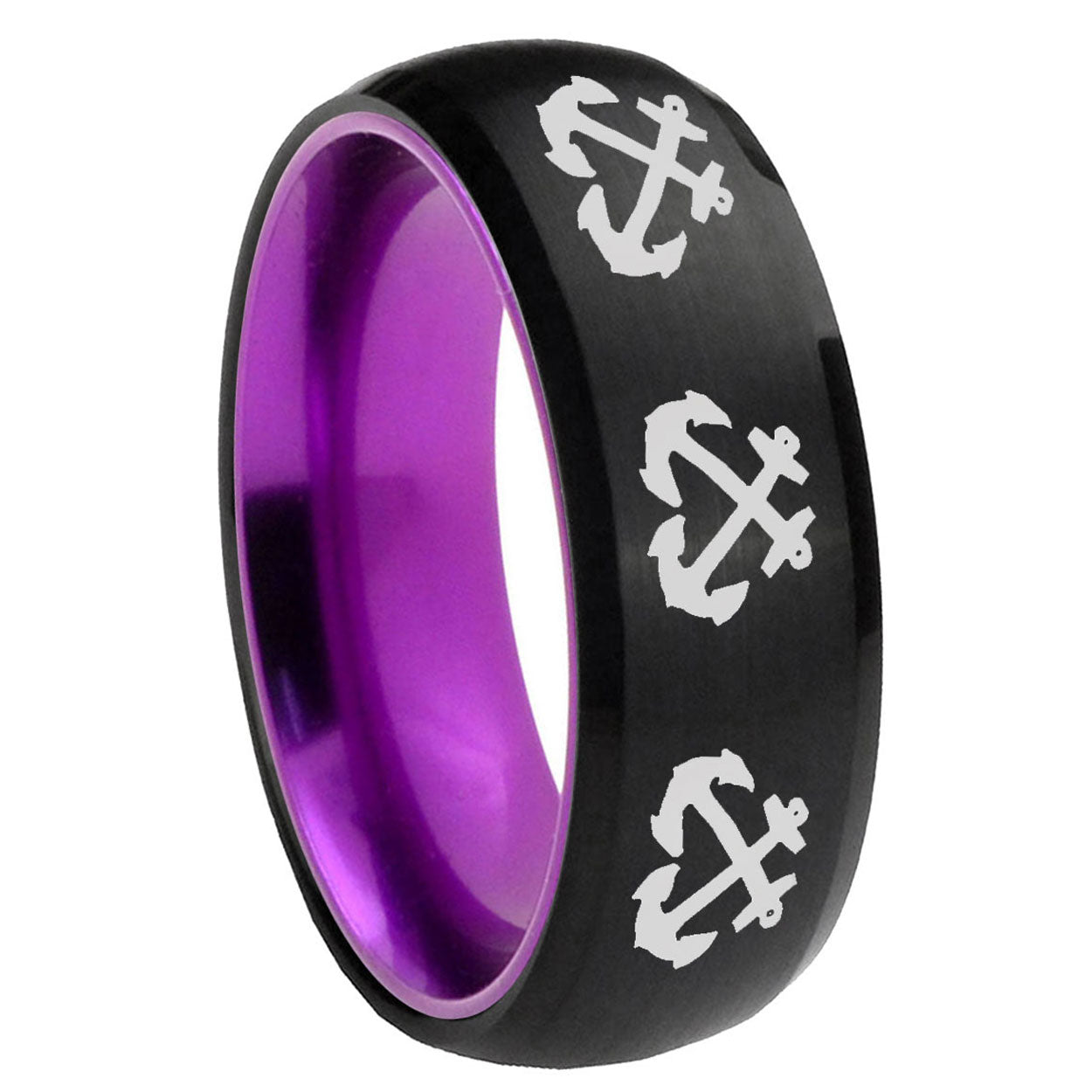 8mm Multiple Anchor Dome Black And Purple Tungsten Wedding Band