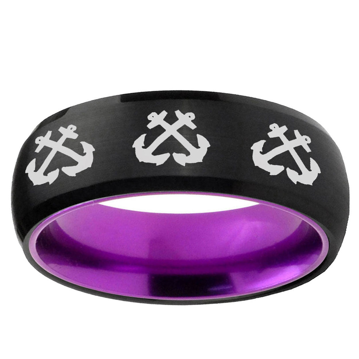 Multiple Anchor Dome Black And Purple Tungsten Wedding Band