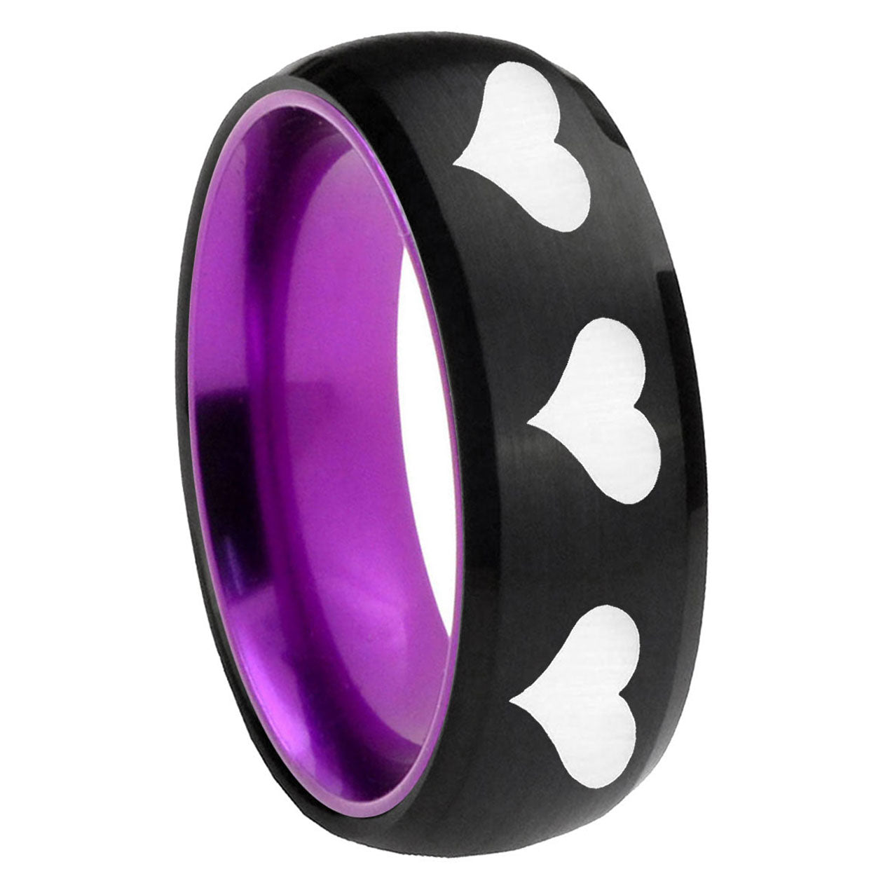 8mm Multiple Heart Dome Black Purple Tungsten Anniversary Ring