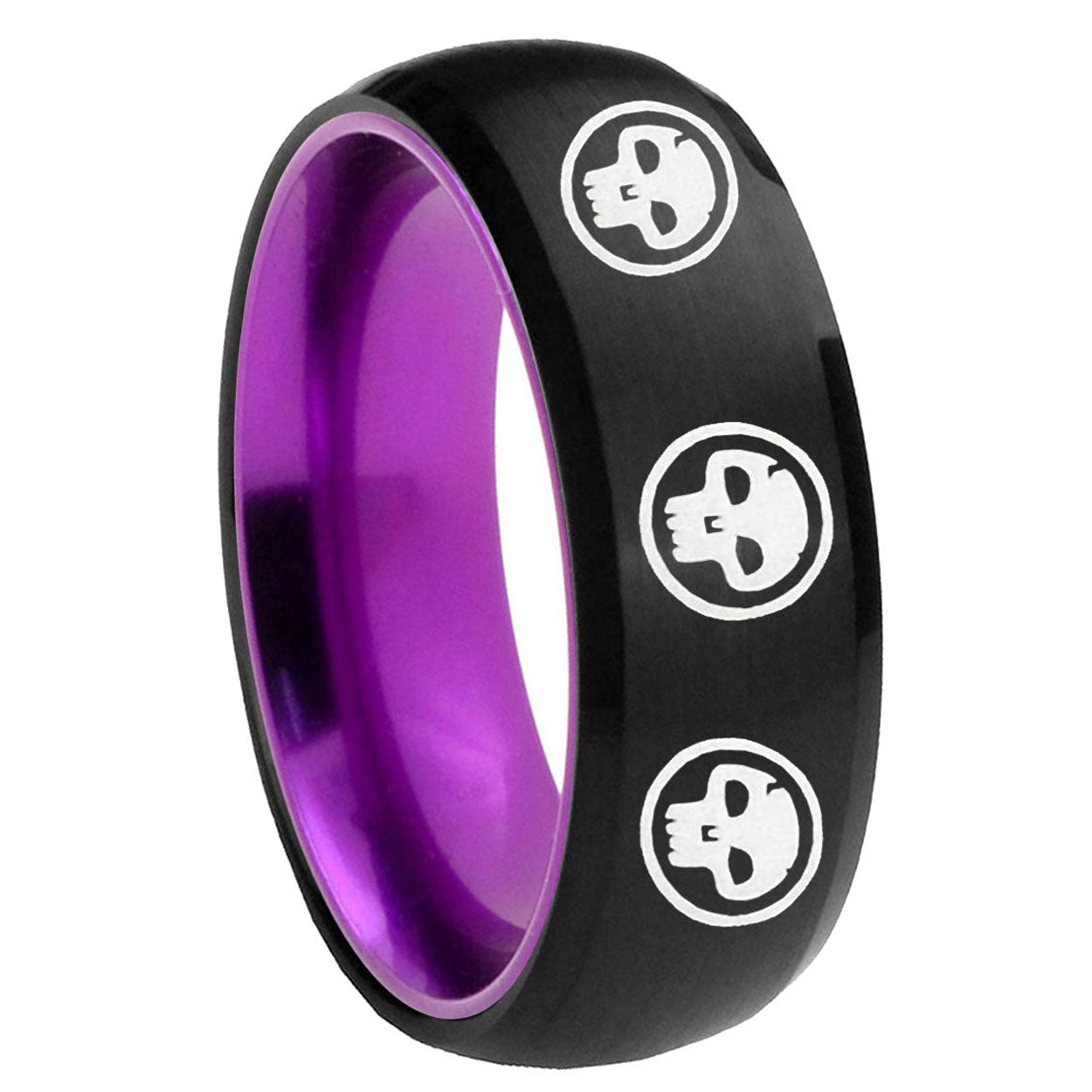 8mm Multiple Skull Dome Black Purple Tungsten Anniversary Ring
