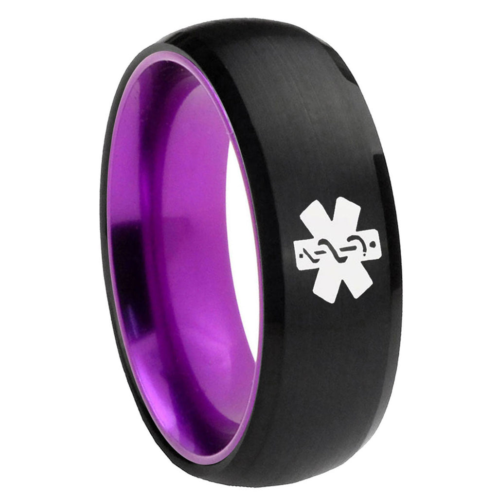 8mm Medical Alert Dome Black Purple Coolest Mens Wedding Bands