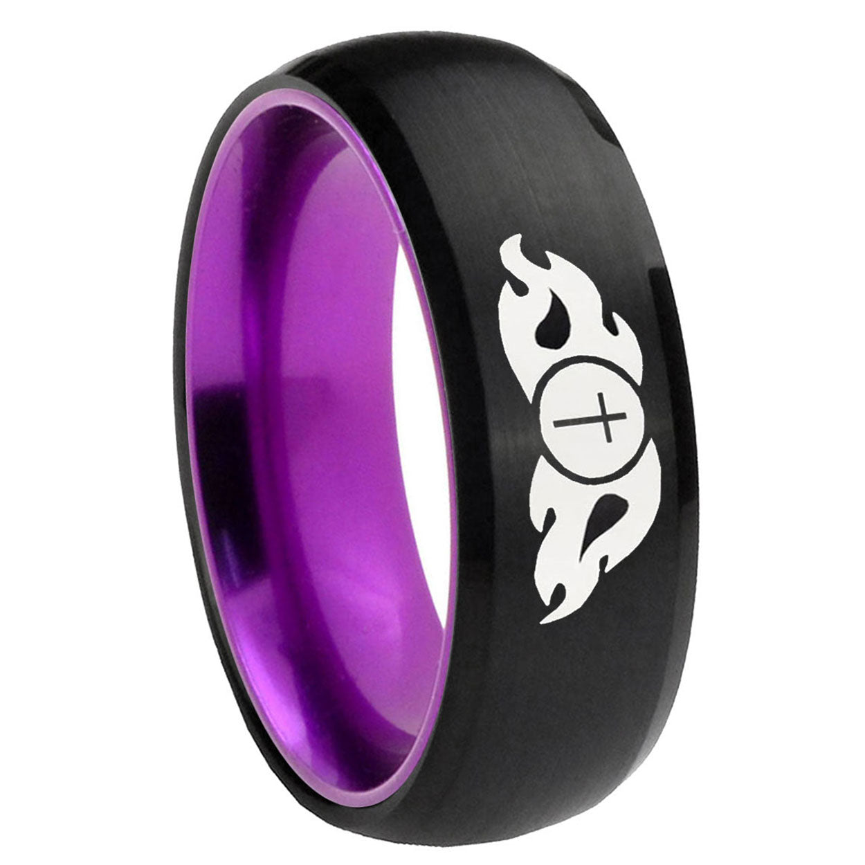 8mm Flamed Cross Dome Black And Purple Tungsten Promise Ring