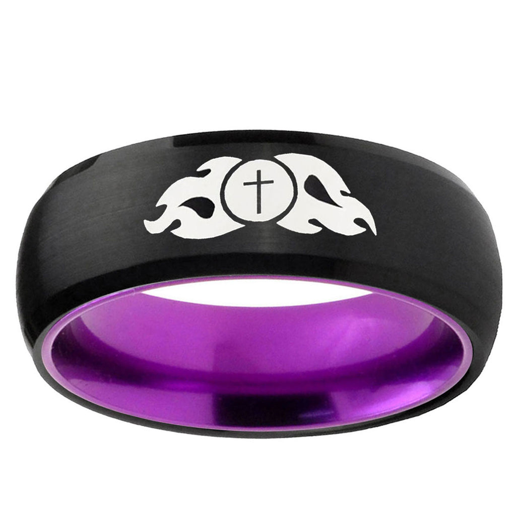 Flamed Cross Dome Black And Purple Tungsten Promise Ring