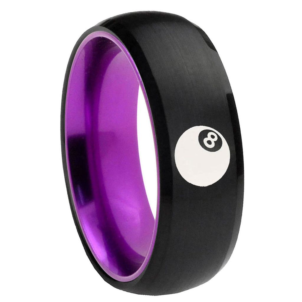 8mm 8 Ball Dome Black And Purple Tungsten Engraved Ring