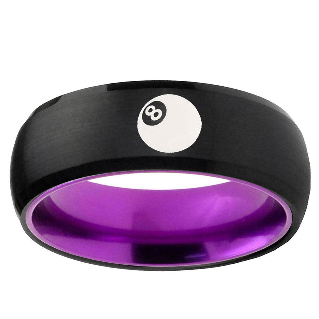 8 Ball Dome Black And Purple Tungsten Engraved Ring
