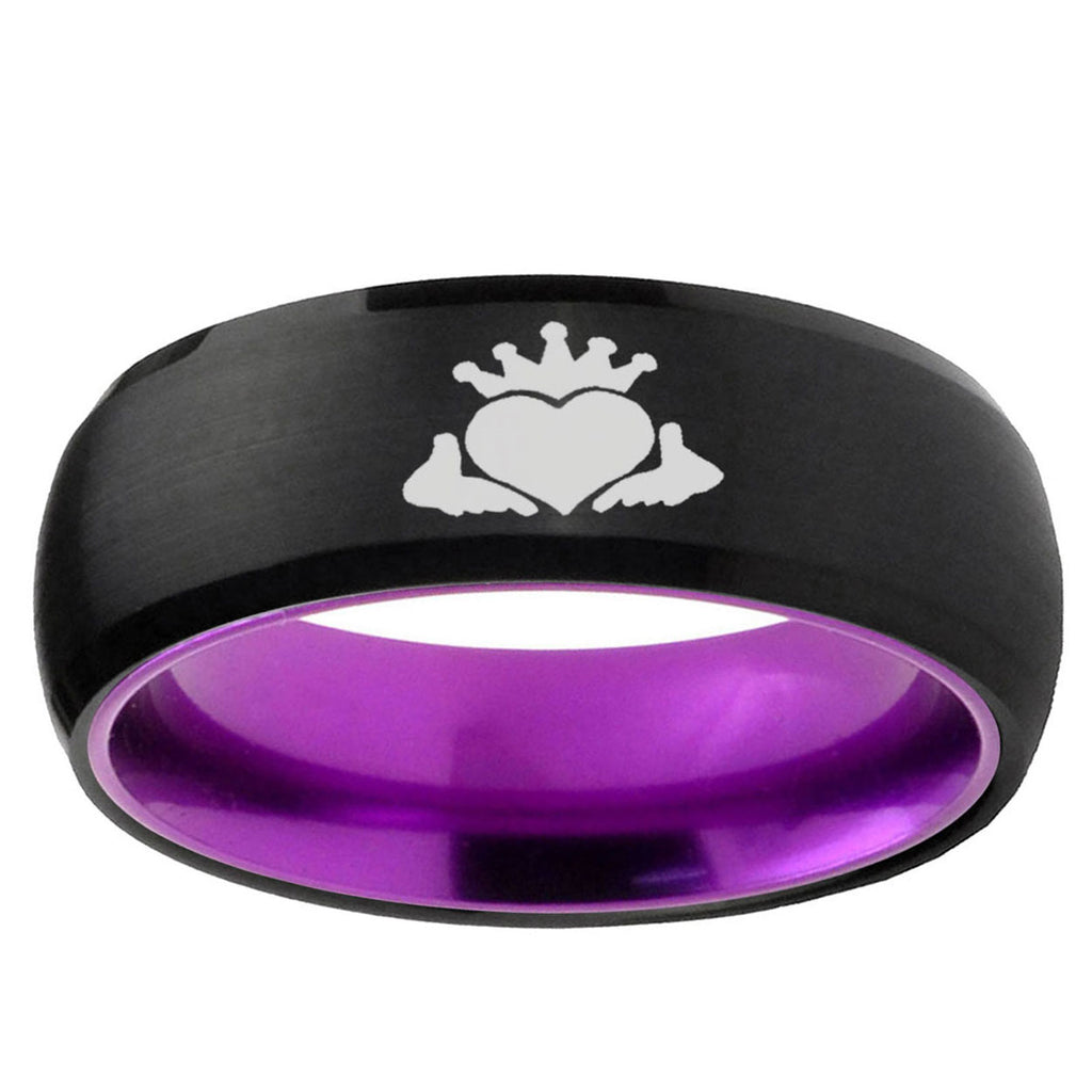 Claddagh Design Dome Black Purple Tungsten Anniversary Ring
