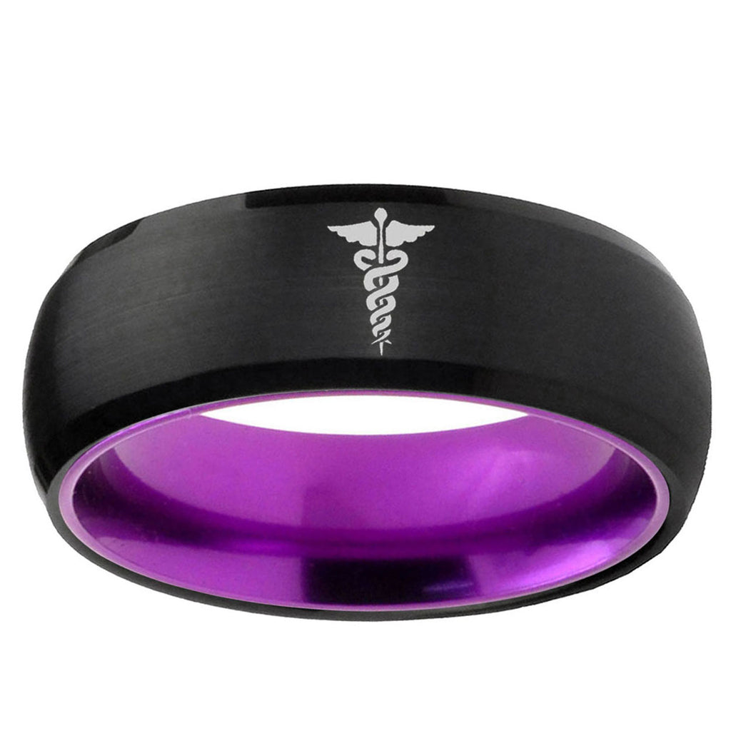 Medical Symbol Dome Black And Purple Tungsten Band