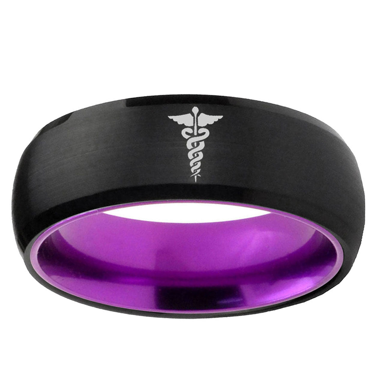 Medical Symbol Dome Black And Purple Tungsten Band