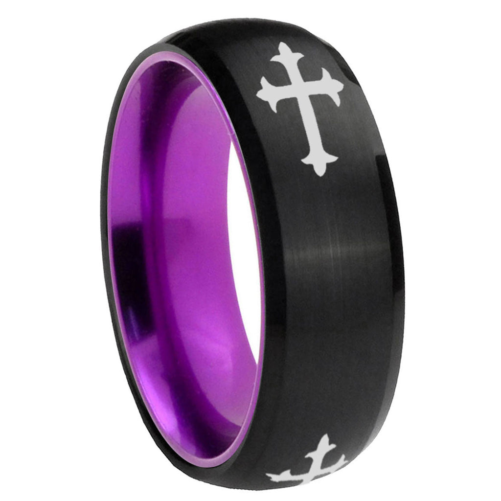 8mm Christian Cross Religious Dome Black Purple Tungsten Ring