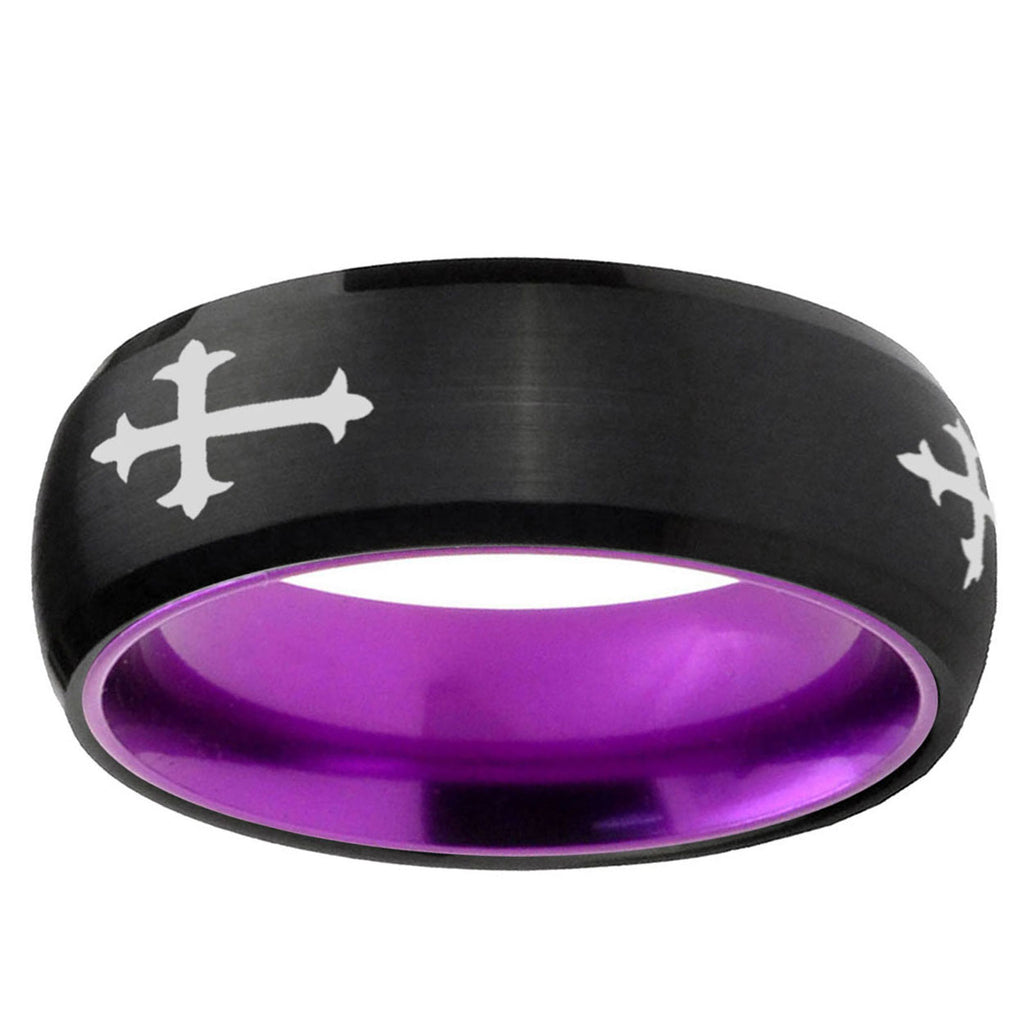 Christian Cross Religious Dome Black Purple Tungsten Ring
