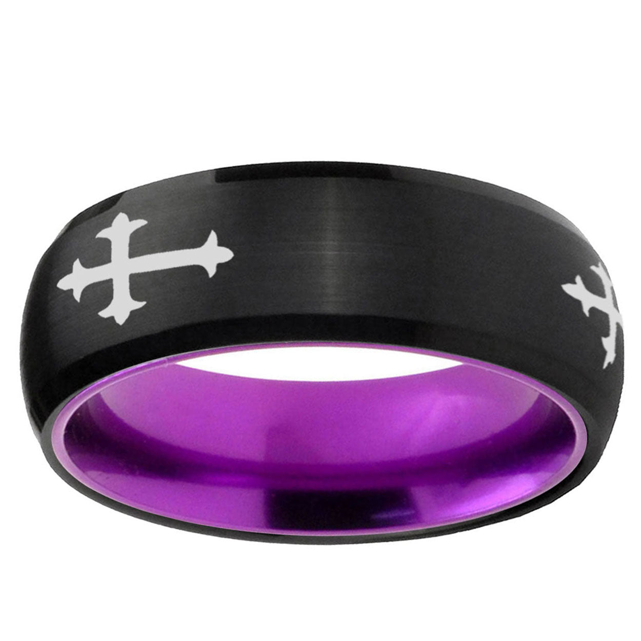 Christian Cross Religious Dome Black Purple Tungsten Ring