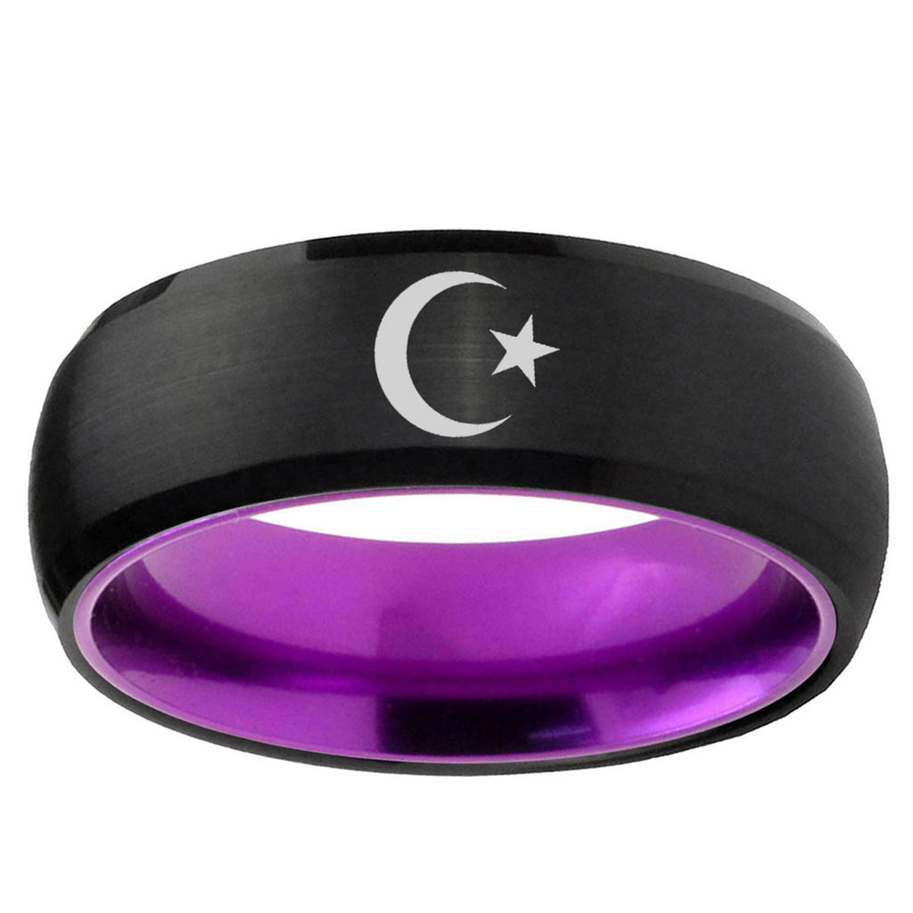 Crescent Moon Stars Dome Black Purple Tungsten Ring