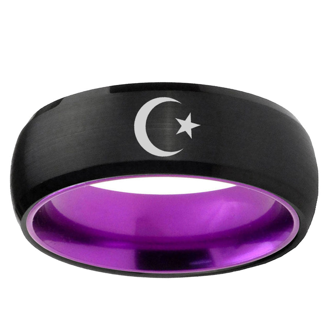 Crescent Moon Stars Dome Black Purple Tungsten Ring