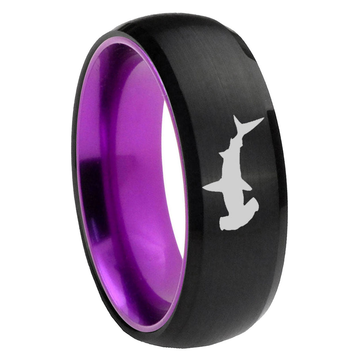 8mm Hammerhead Shark Dome Black And Purple Tungsten Ring