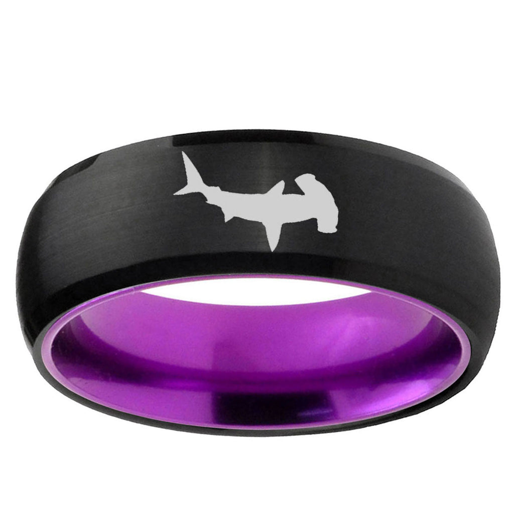 Hammerhead Shark Dome Black And Purple Tungsten Ring
