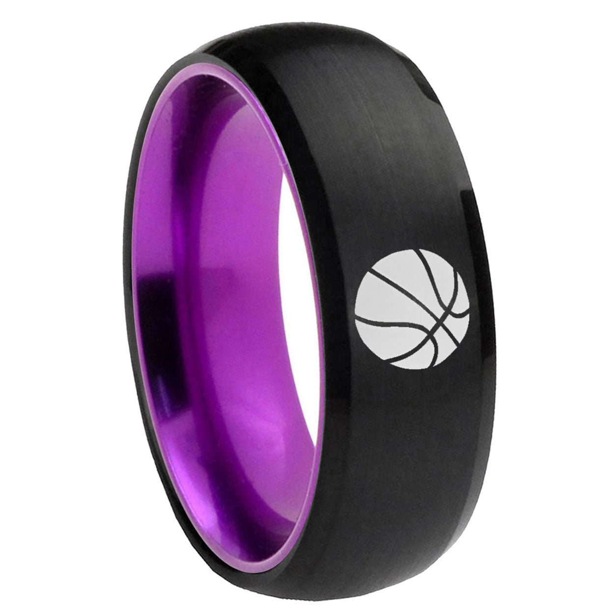 8mm Basketball Dome Black And Purple Tungsten Mens Promise Ring