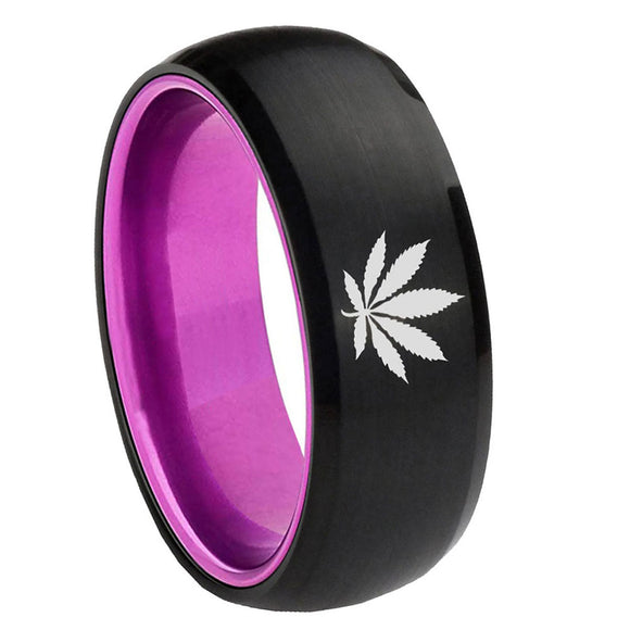 8mm Marijuana Leaf Dome Black Purple Customizable Tungsten Rings