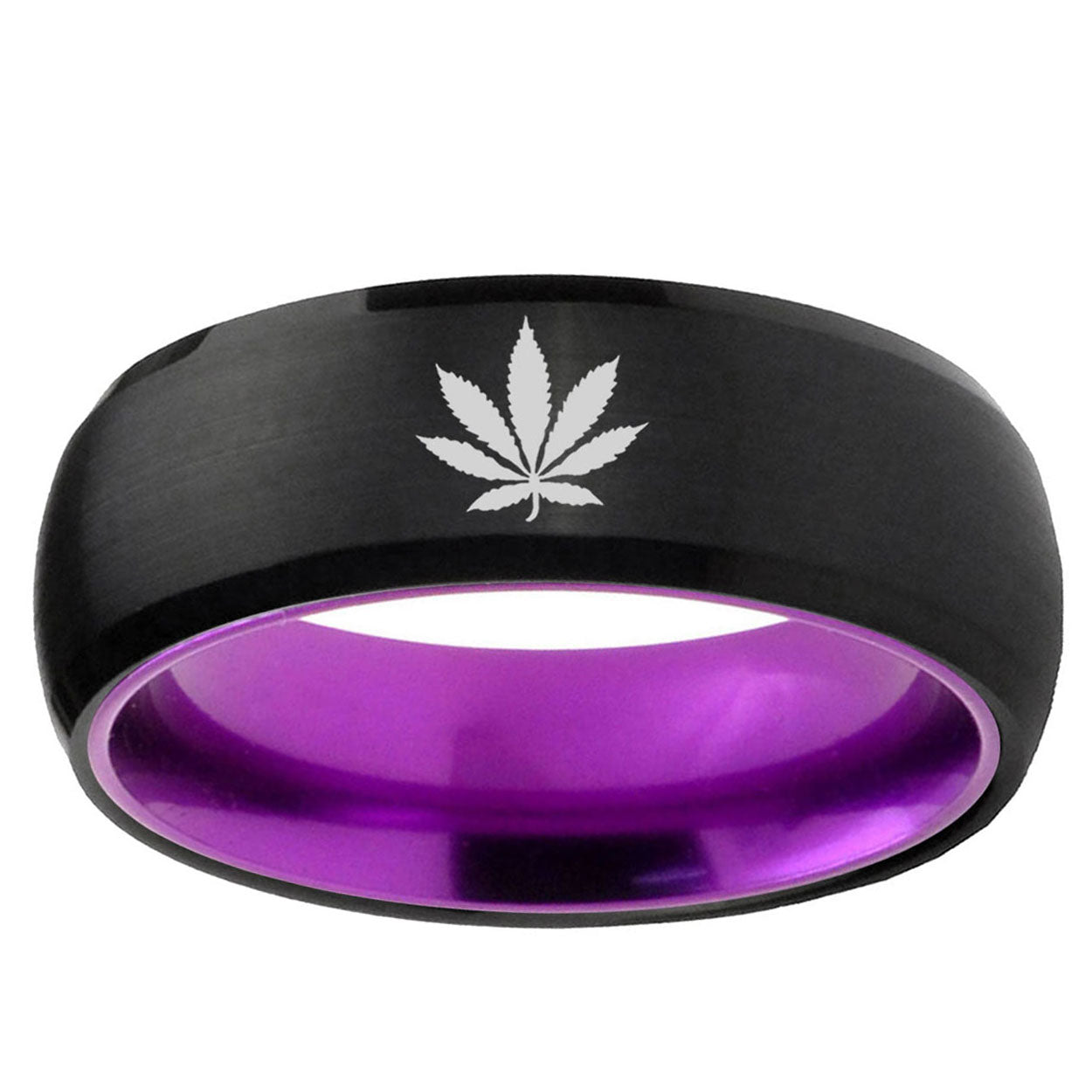 Marijuana Leaf Dome Black Purple Customizable Tungsten Ring