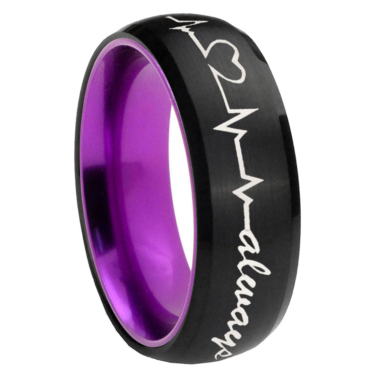 8mm Heart Beat forever Heart always Dome Black Purple Tungsten Band
