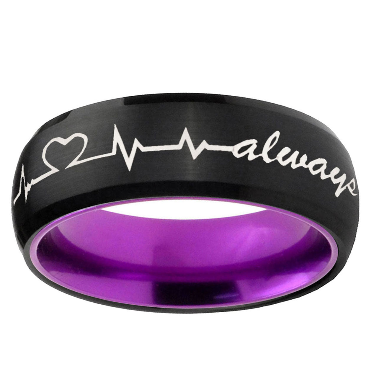 Heart Beat forever Heart always Dome Black Purple Tungsten Band
