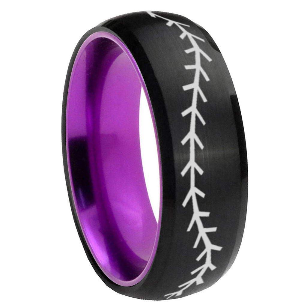 8mm Baseball Stitch Dome Black Purple Tungsten Promised Ring