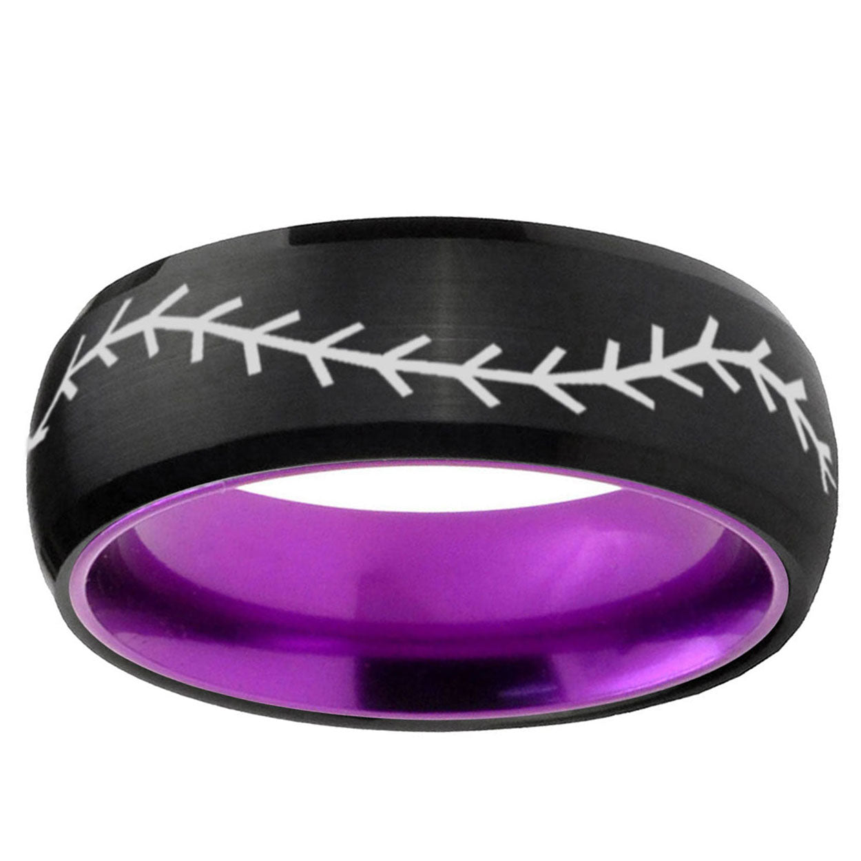 Baseball Stitch Dome Black Purple Tungsten Promised Ring