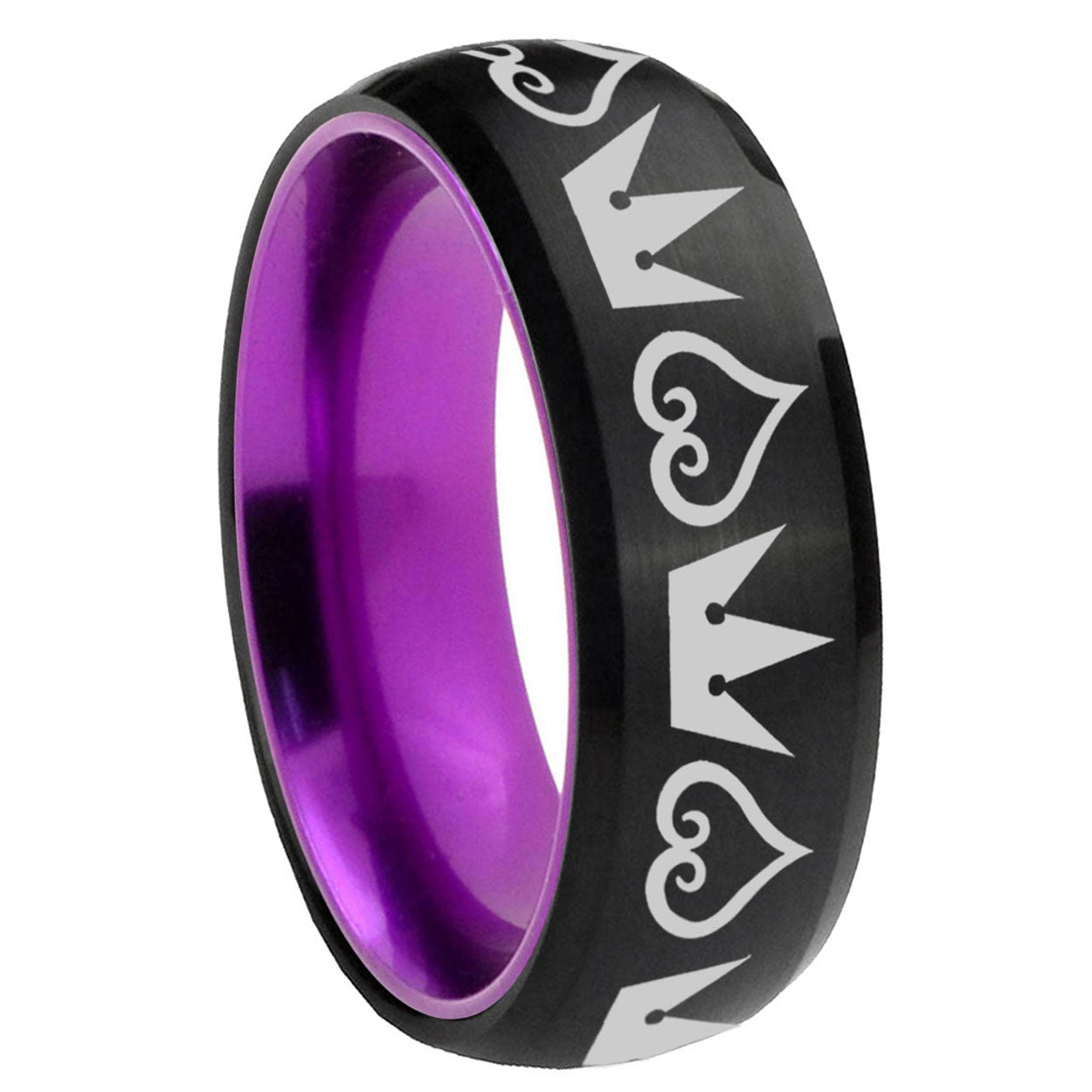 8mm Hearts Crowns Dome Black Purple Tungsten Mens Promise Ring