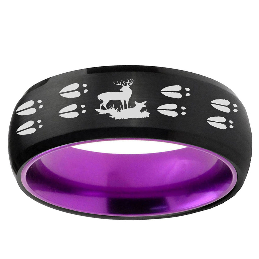 Deer Hunting Tracks Dome Black And Purple Tungsten Ring