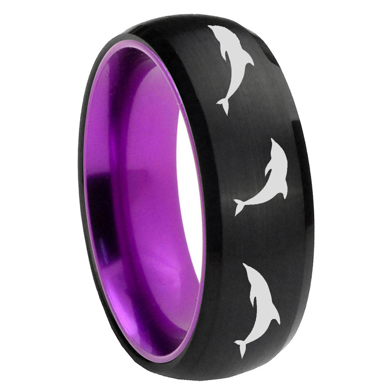 8mm Dolphins Dome Black And Purple Tungsten Personalized Ring