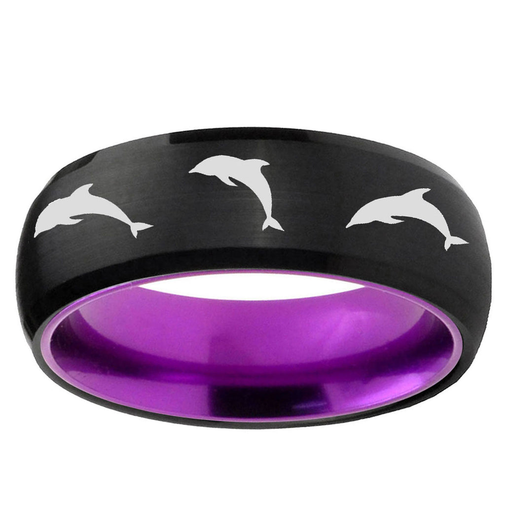 Dolphins Dome Black And Purple Tungsten Personalized Ring