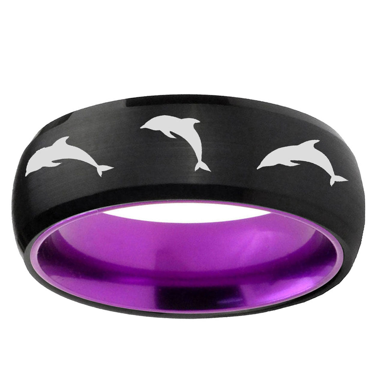 Dolphins Dome Black And Purple Tungsten Personalized Ring