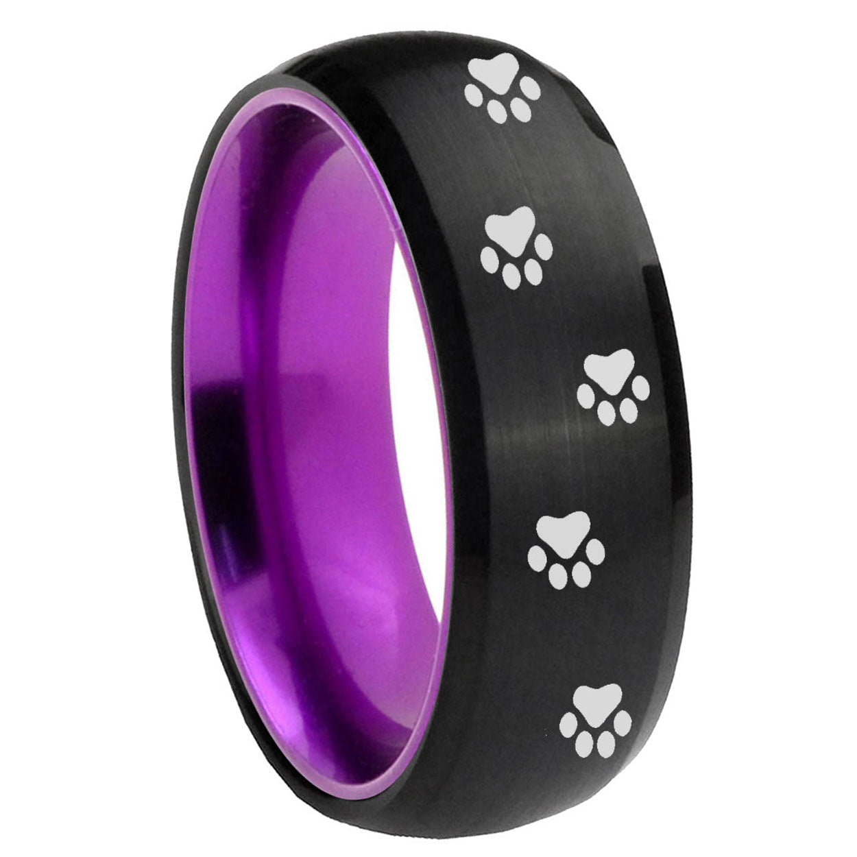 8mm Paw Print Dome Black And Purple Tungsten Promise Ring