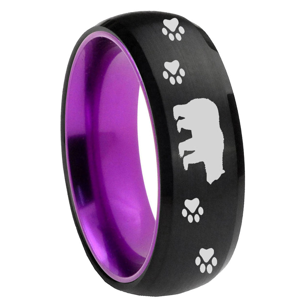 8mm Bear and Paw Dome Black And Purple Tungsten Ring for Men