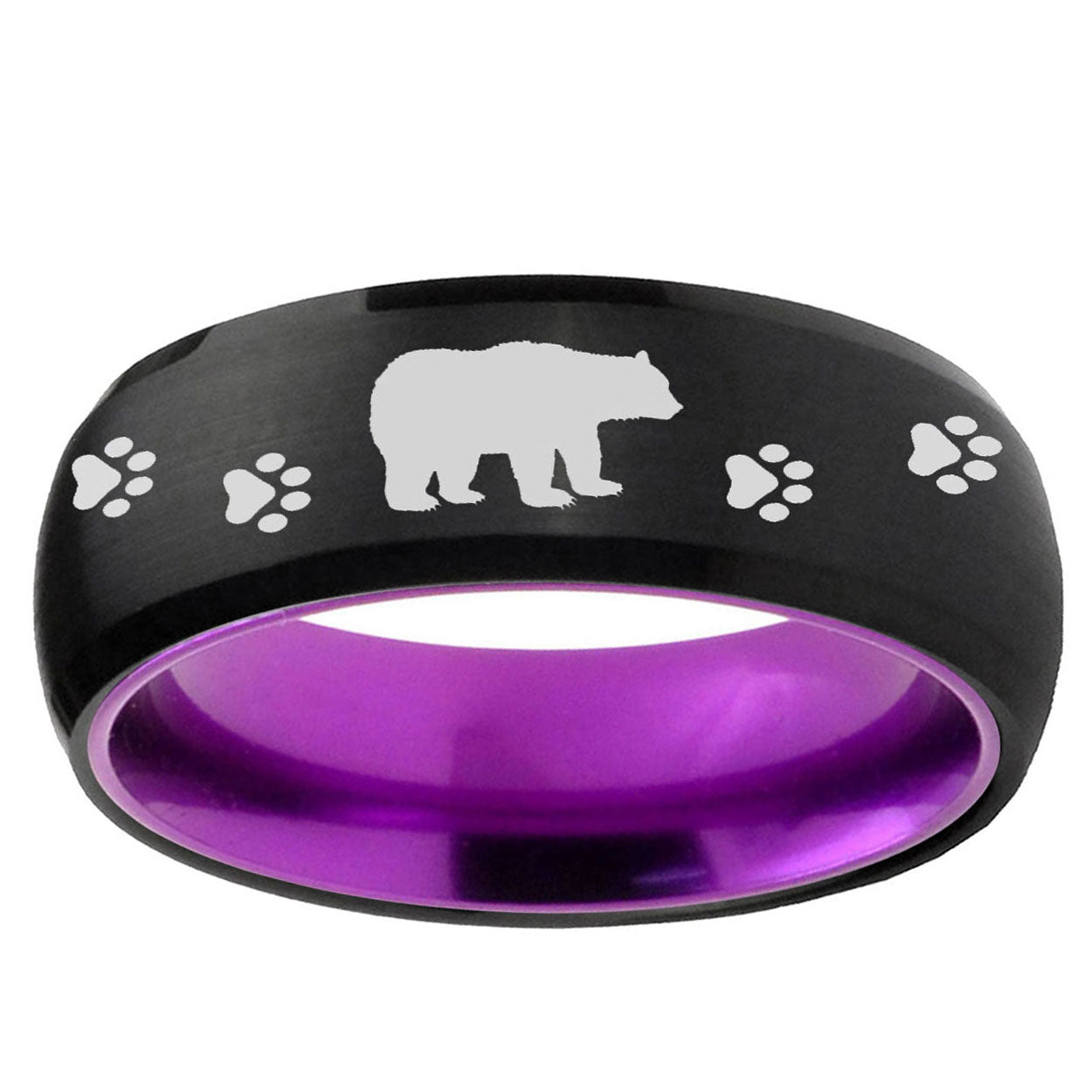 Bear and Paw Dome Black And Purple Tungsten Ring for Men