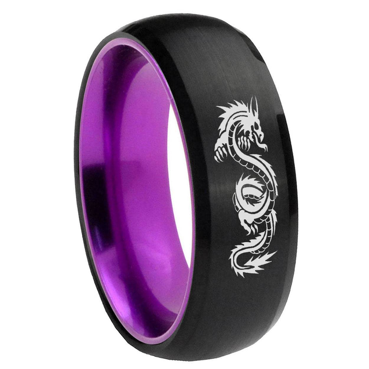 8mm Dragon Dome Black And Purple Tungsten Engraved Ring