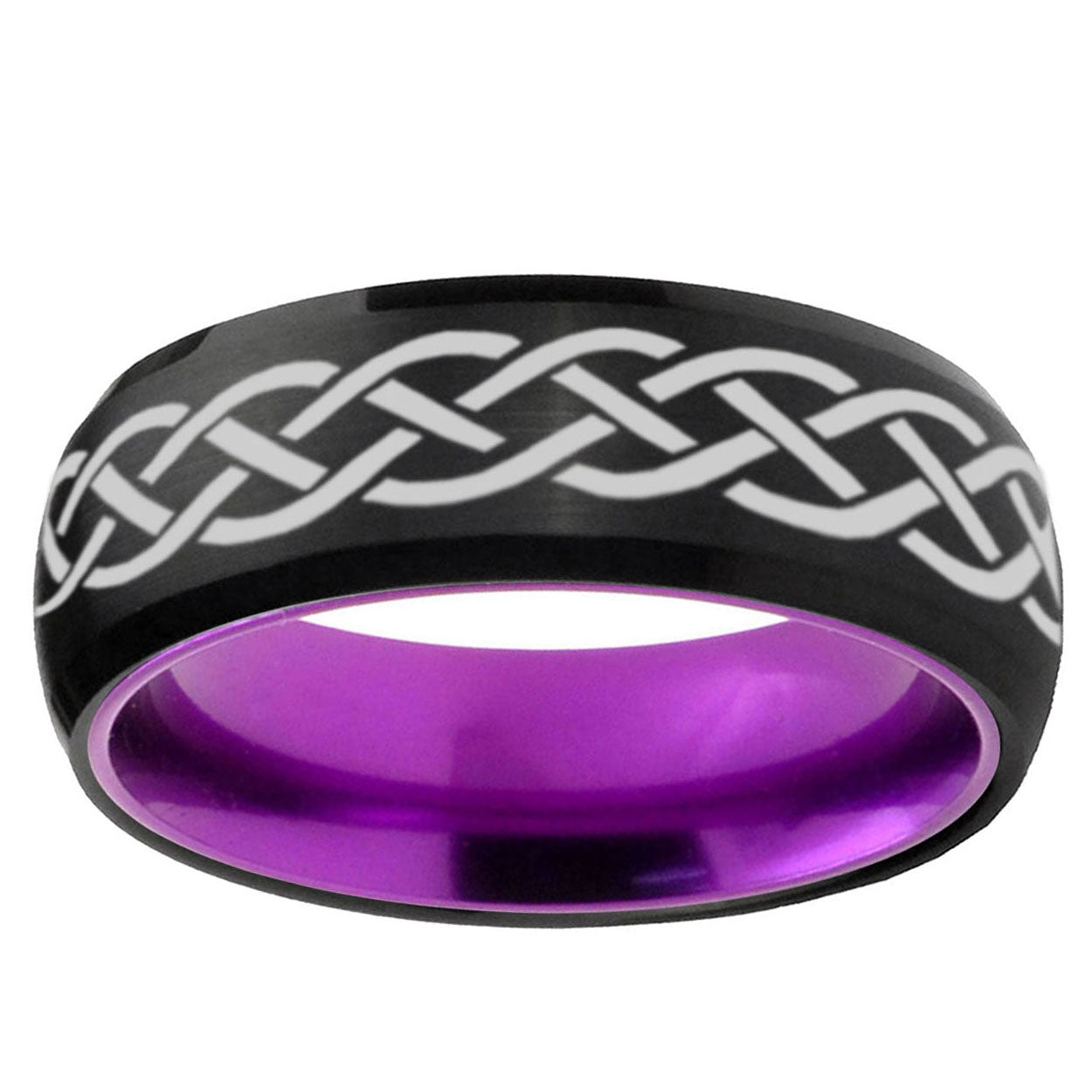 Celtic Knot Dome Black And Purple Tungsten Mens Ring
