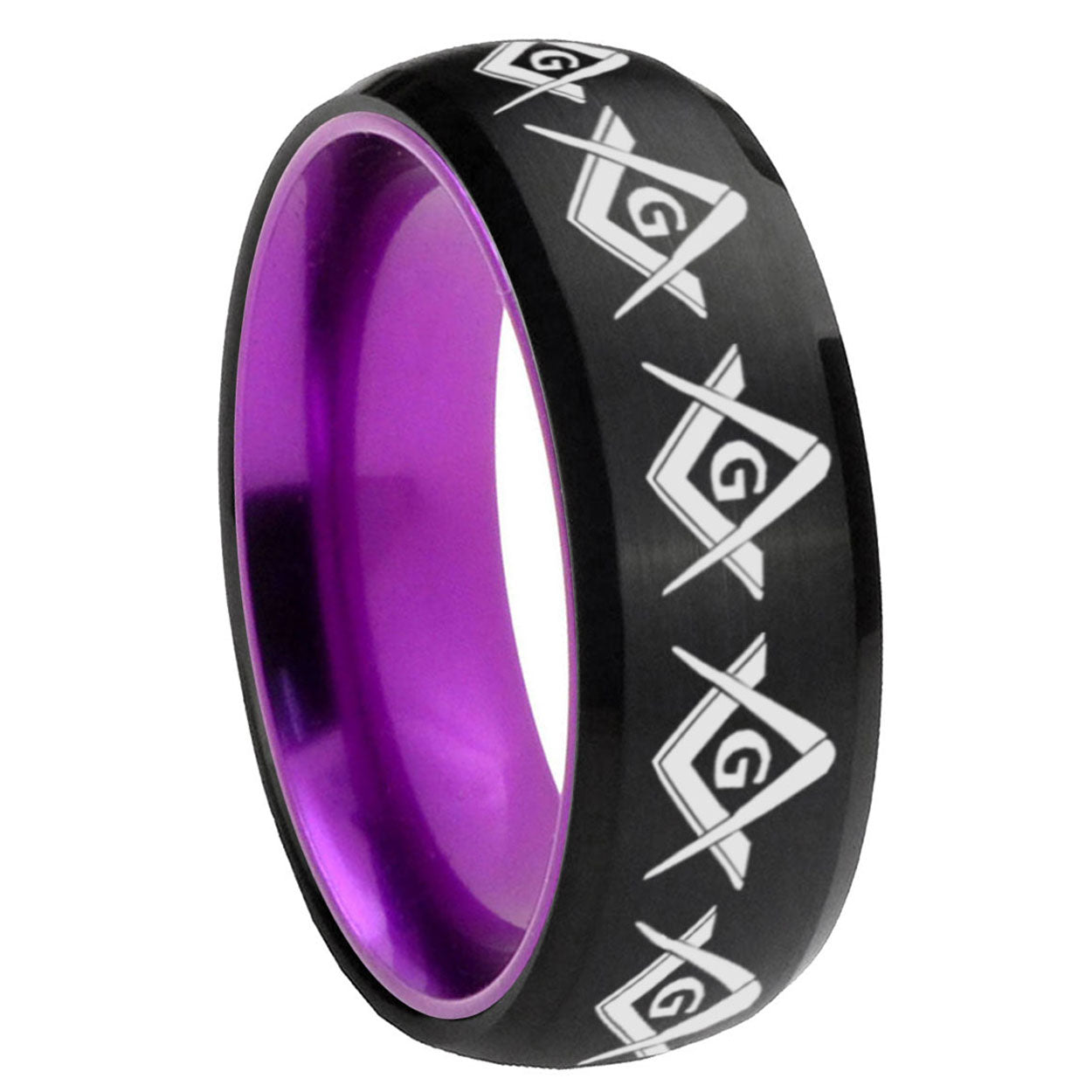 8mm Masonic Square Compass Dome Black Purple Tungsten Band
