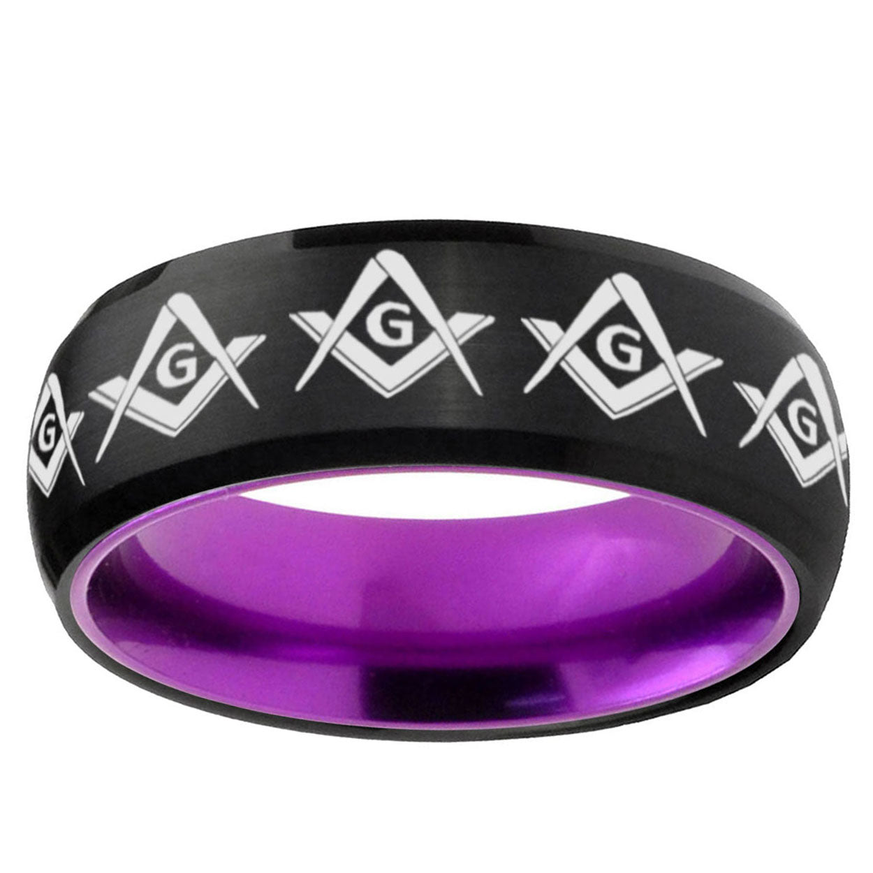 Masonic Square Compass Dome Black Purple Tungsten Band