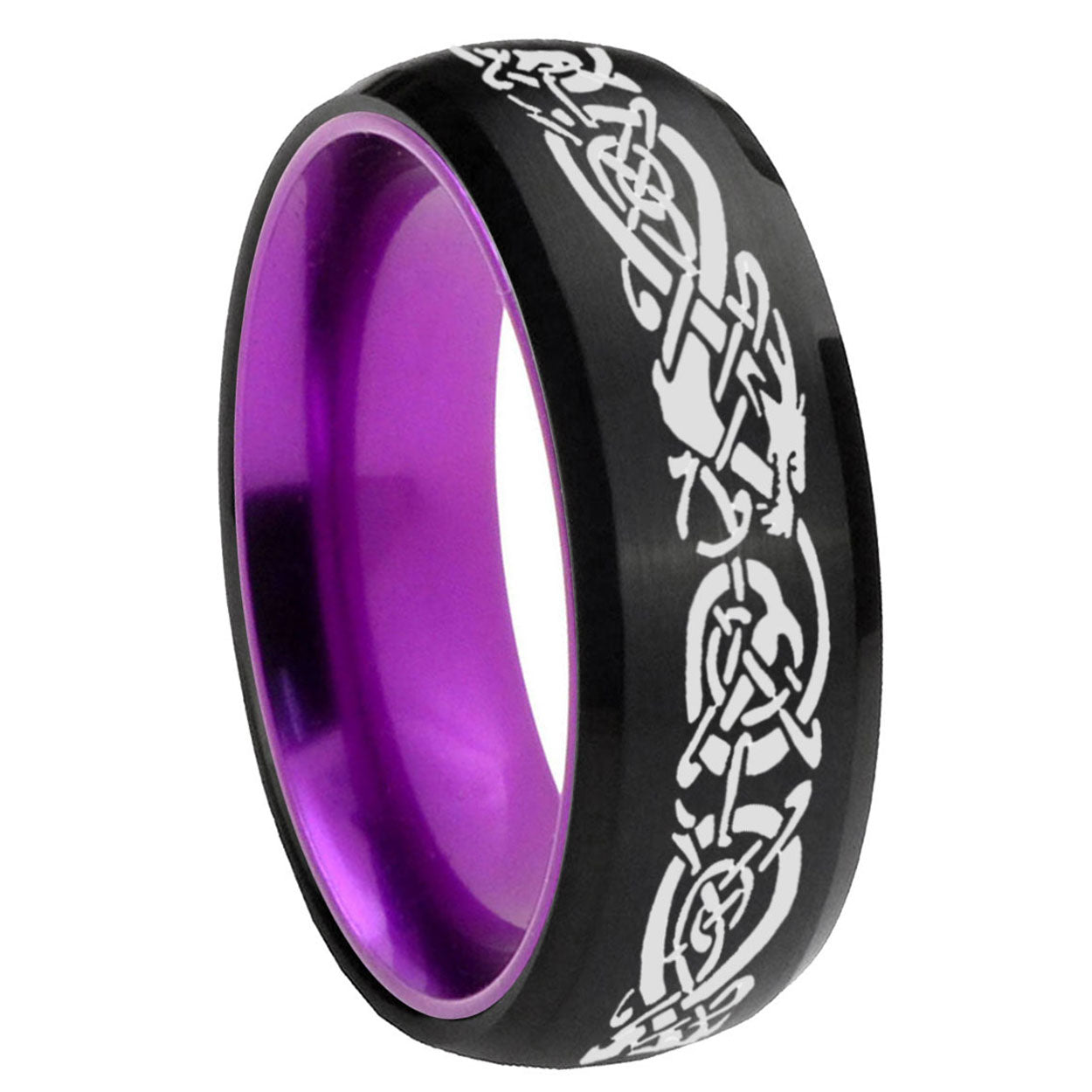 8mm Celtic Dragon Dome Black And Purple Tungsten Mens Ring