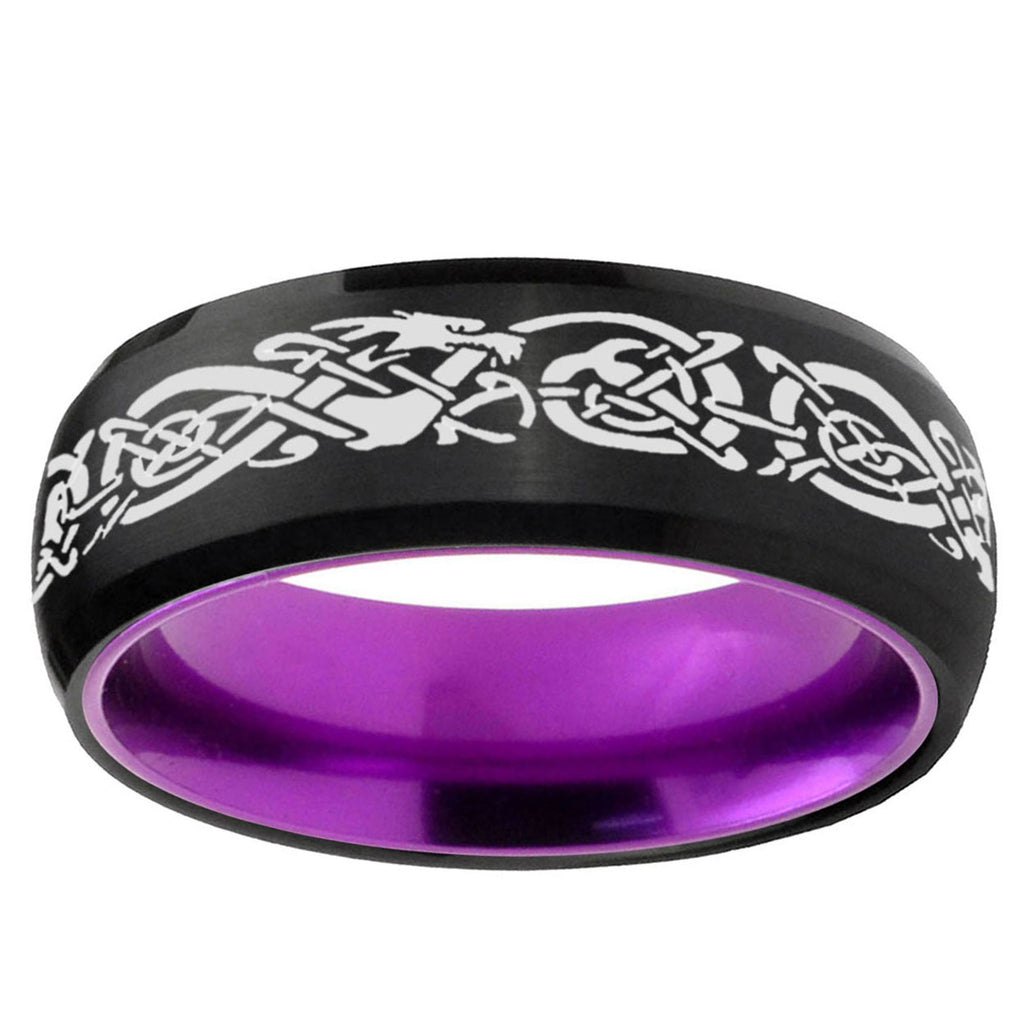 Celtic Dragon Dome Black And Purple Tungsten Mens Ring