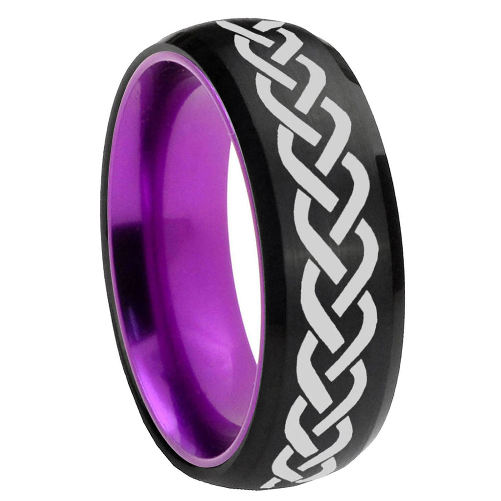 8mm Laser Celtic Knot Dome Black Purple Tungsten Engraved Band