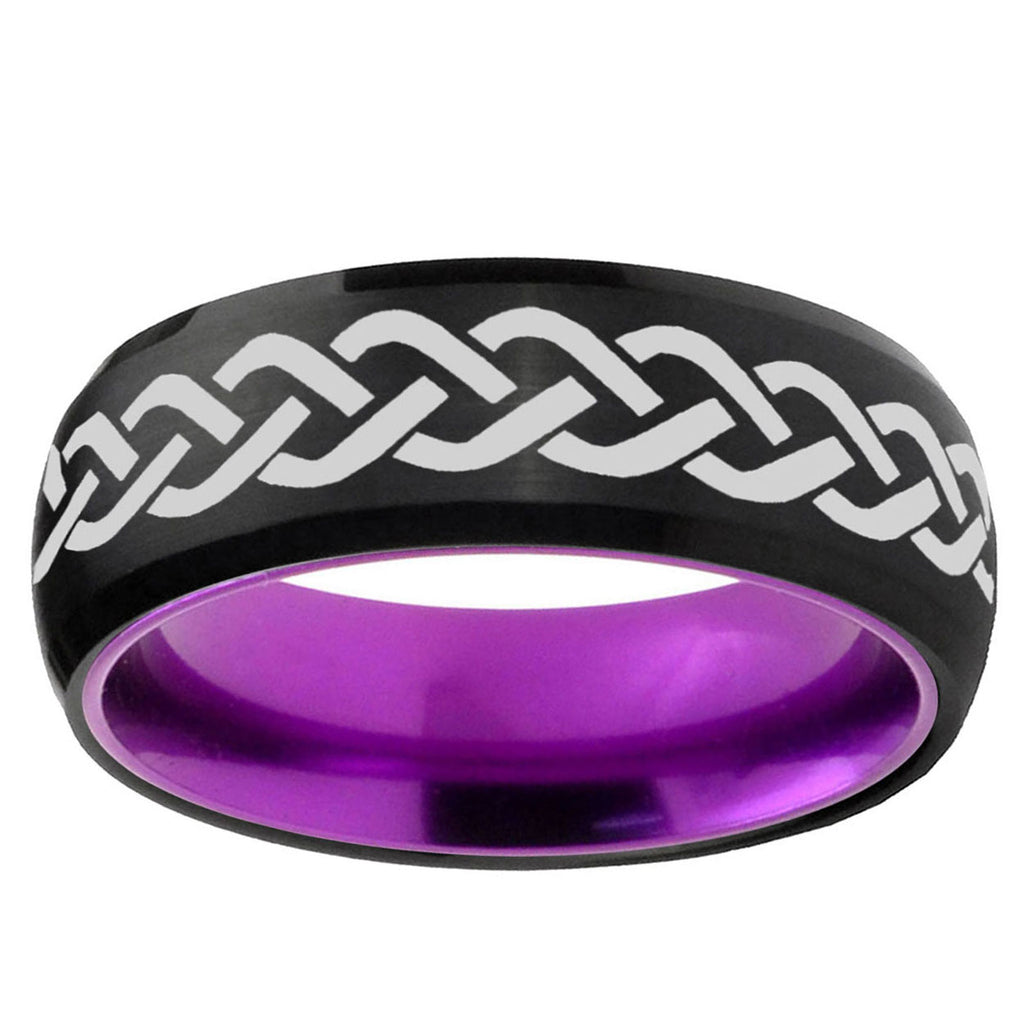 Laser Celtic Knot Dome Black Purple Tungsten Engraved Band