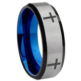8mm Crosses Beveled Edge Blue And Gray Tungsten Carbide Bands Ring